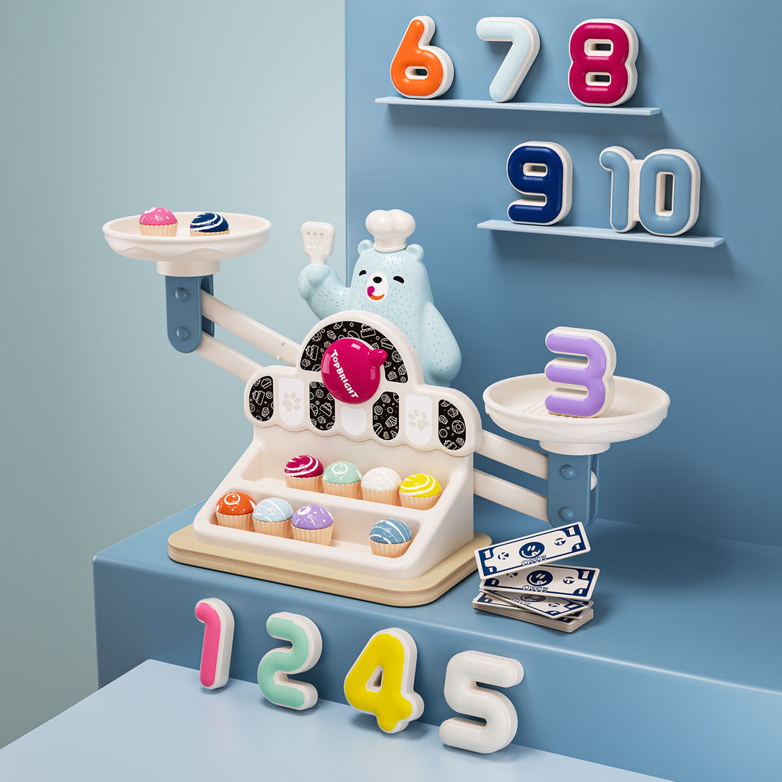Yummy Bear Scale components including number blocks, balance bear, colorful cakes, and play money – educational toy that makes learning math fun for kids