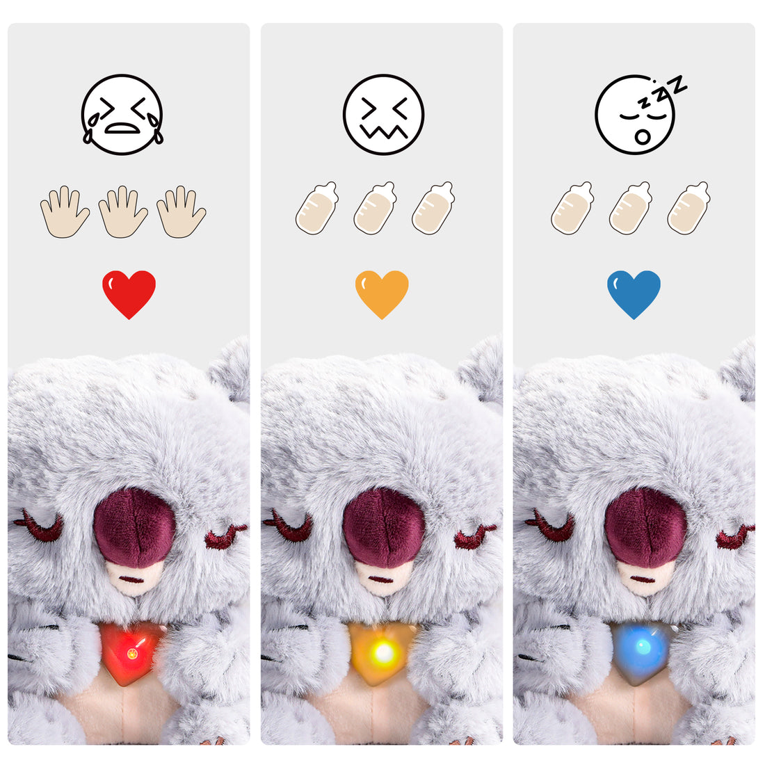 Care Pets Baby Koala toy set with plush koala, high chair, bottle, bowl, spoon, brush, and diagnostic card.