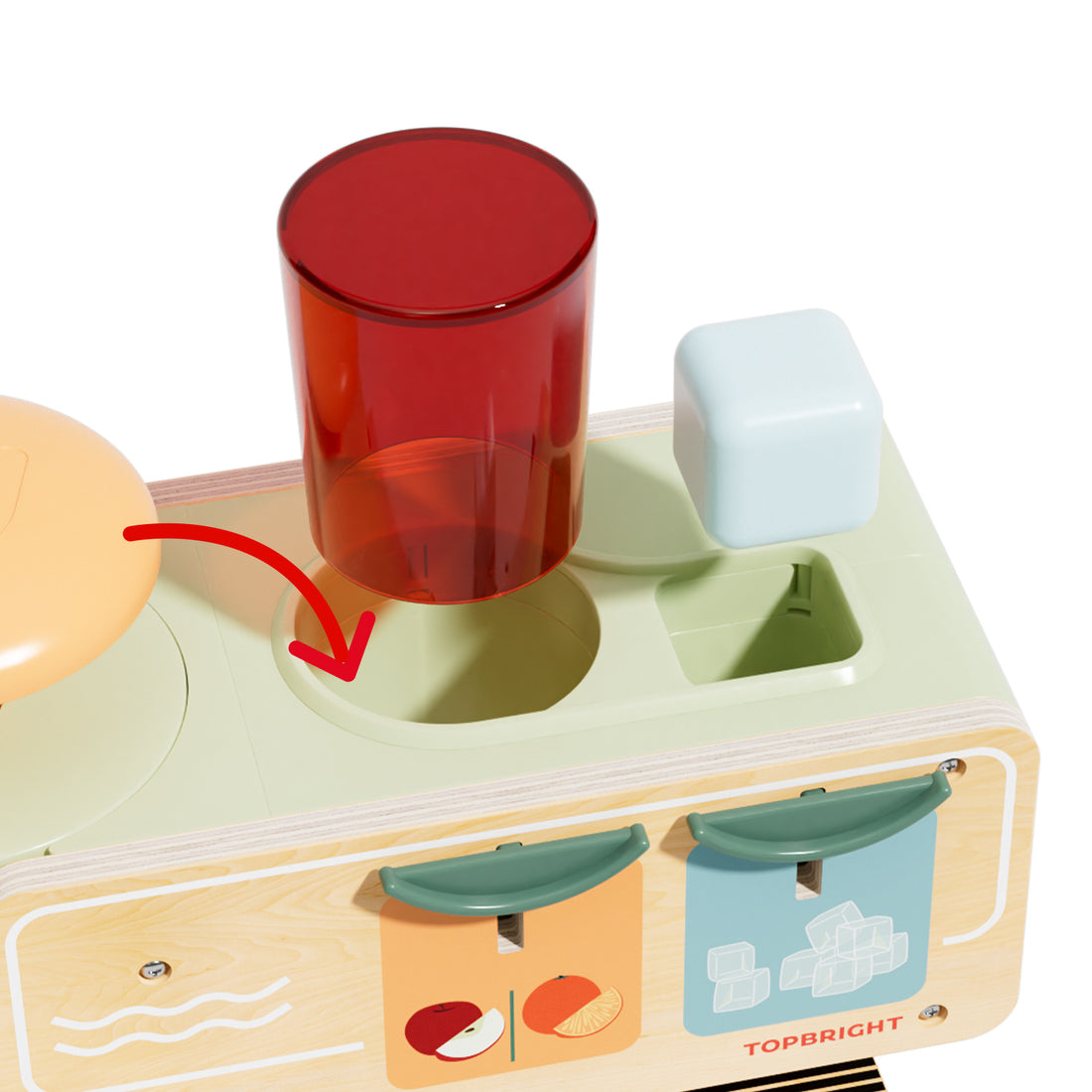 Montessori juice playset accessories including wooden cup, juice blocks, and pretend ice cubes for role play