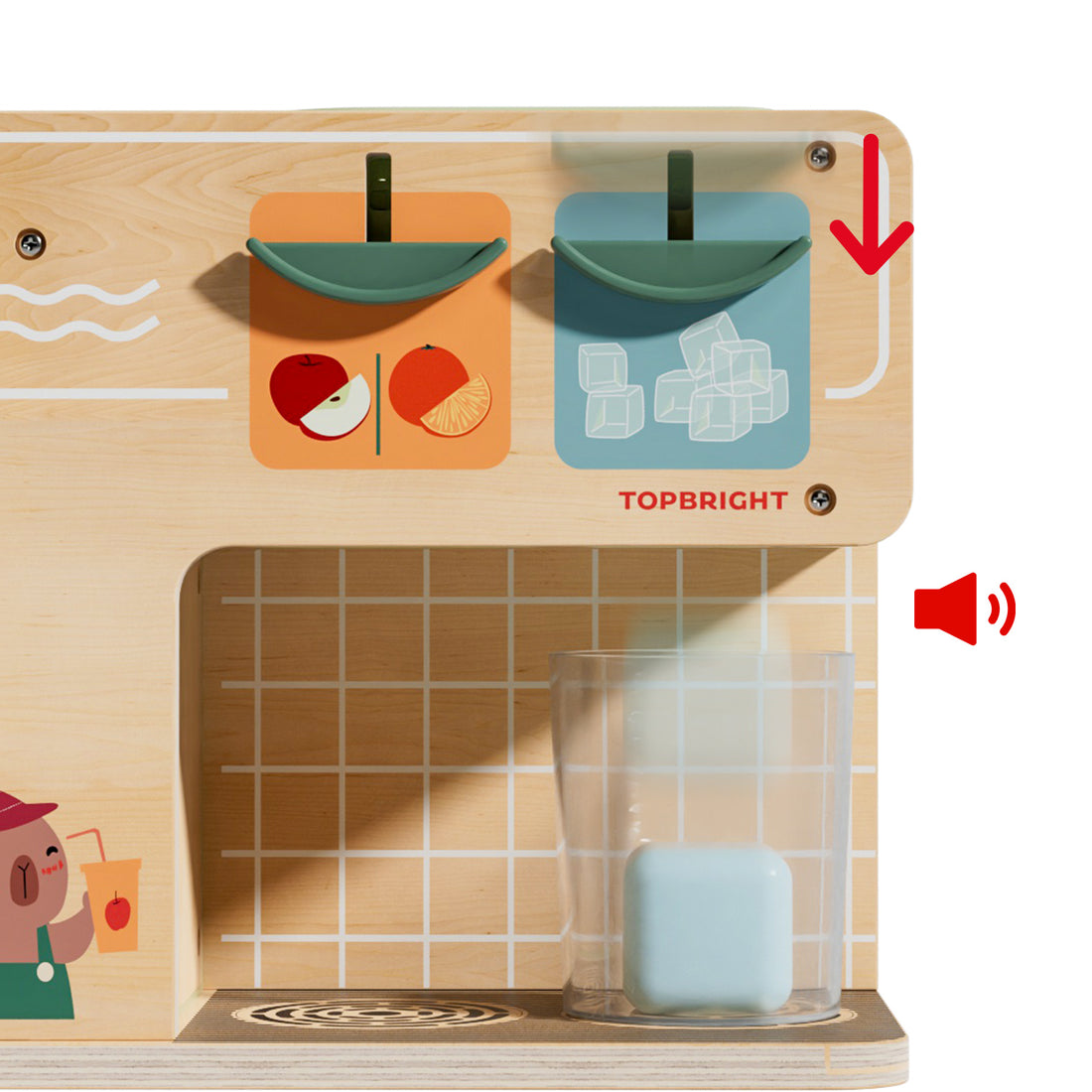 Wooden juice boutique playset showing fruit and ice dispenser with colorful juice blocks for kids pretend play