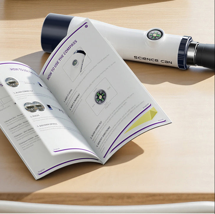 Explorer Telescope instruction manual showing telescope and compass setup guide